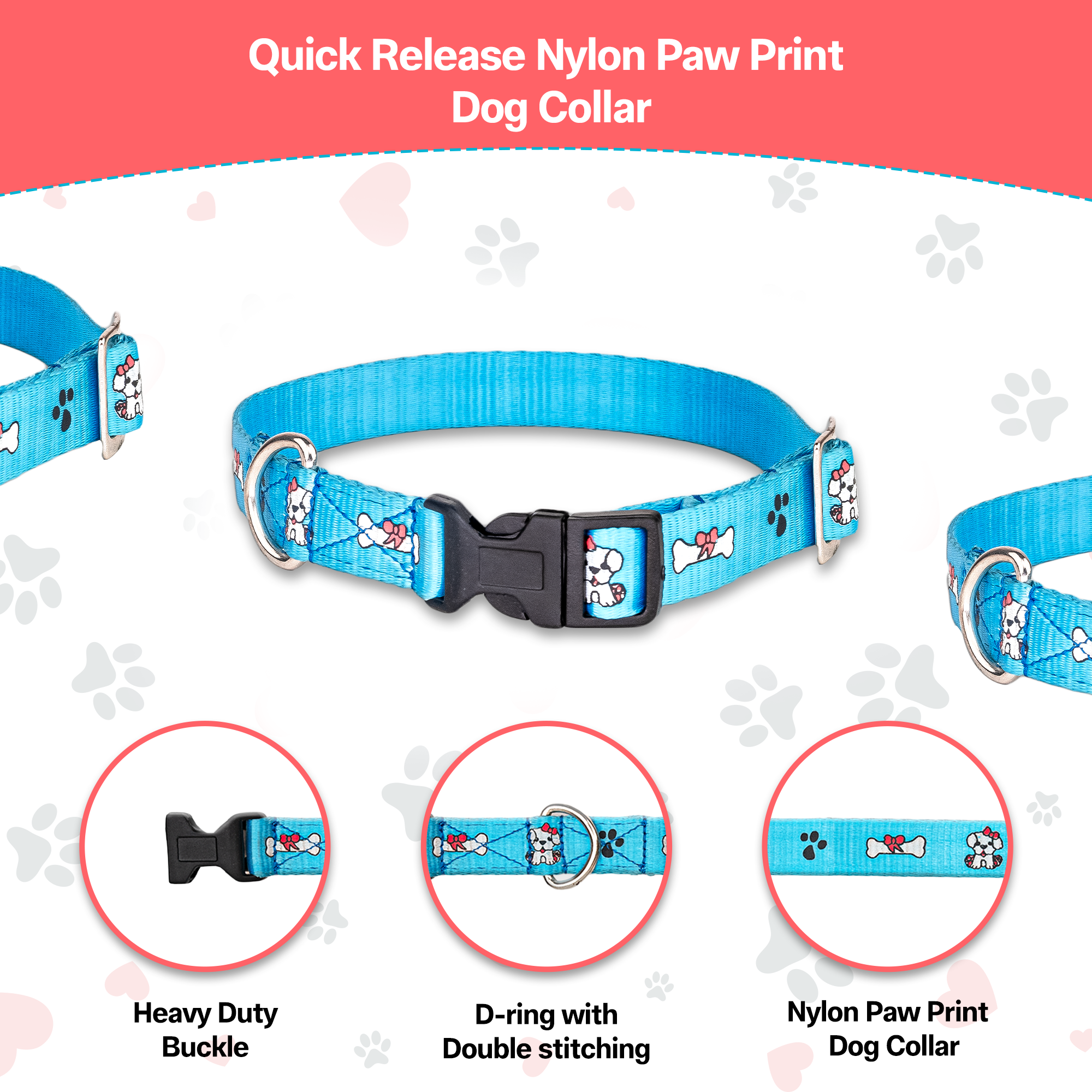 Adil’S Nylon Paw Print Dog Collar with Adjustable Quick Release Buckle & D-Ring for Leashes